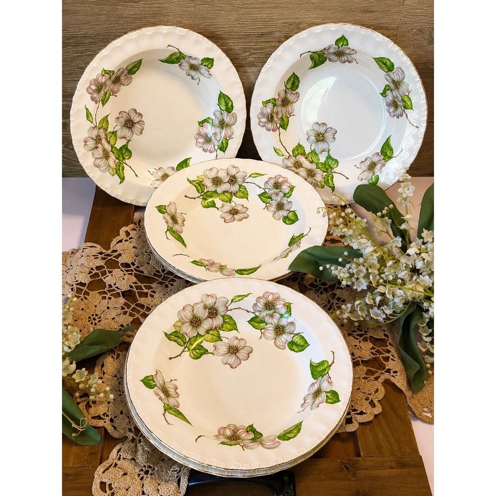 Vintage Pope Gosser  Dogwood  Serving Bowls Set of 6 Floral Scalloped Edge USA